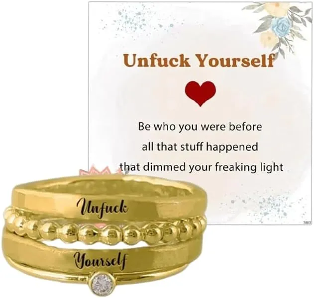 QPGVBP Unfuck Yourself Stacked Ring - 4 Rings Set,Stackable Rings for Women Set,Stackable Eternity Bands in Sterling Silver,4PCS Stainless Steel Stacking Wedding Band Rings (Gold)