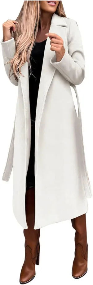 QWENTMTNTY Women's Wool Trench Coats Long Classic Winter Lapel Collar Belted Pea Coats Fashion Loose Wool Peacoat Jackets