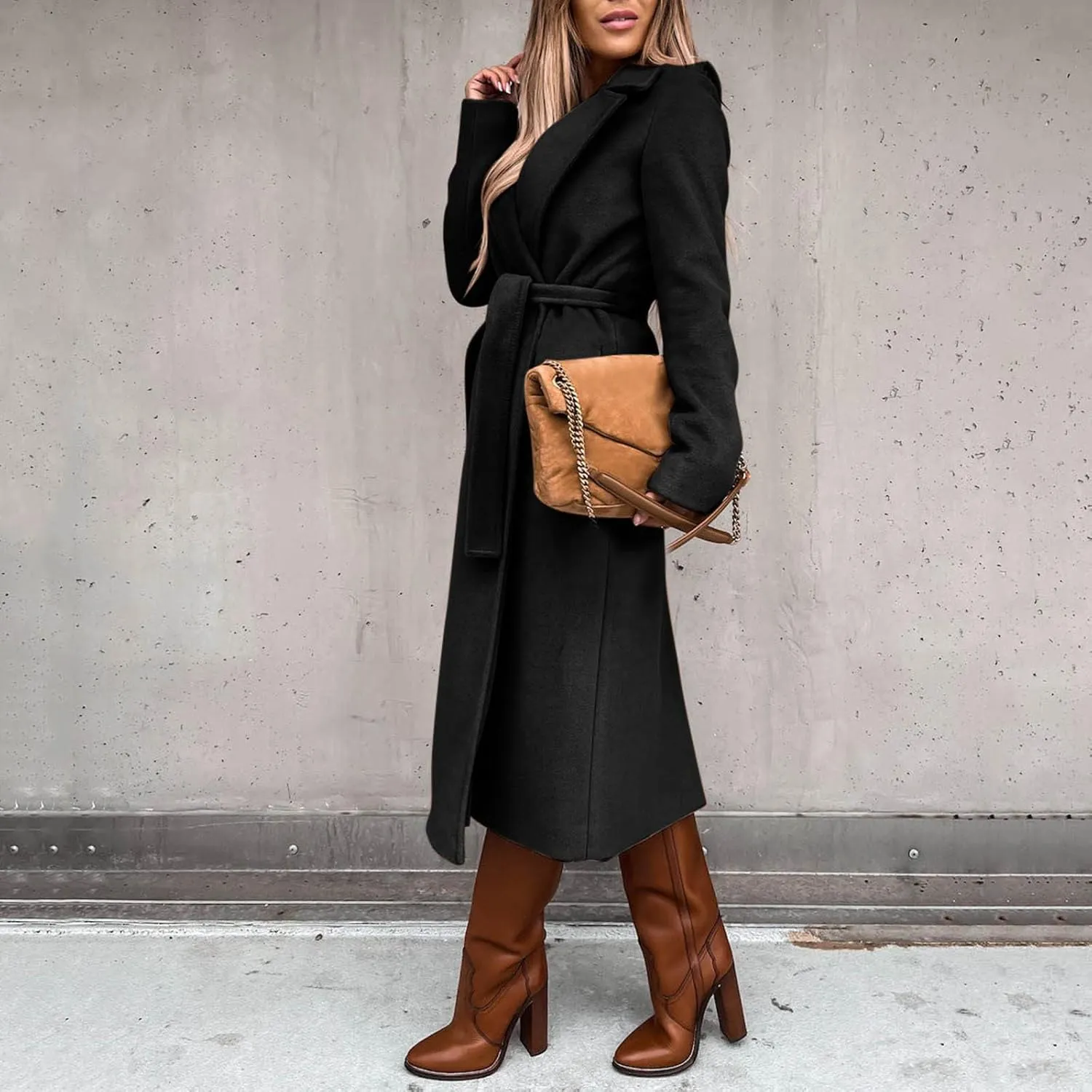QWENTMTNTY Women's Wool Trench Coats Long Classic Winter Lapel Collar Belted Pea Coats Fashion Loose Wool Peacoat Jackets