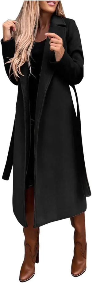QWENTMTNTY Women's Wool Trench Coats Long Classic Winter Lapel Collar Belted Pea Coats Fashion Loose Wool Peacoat Jackets