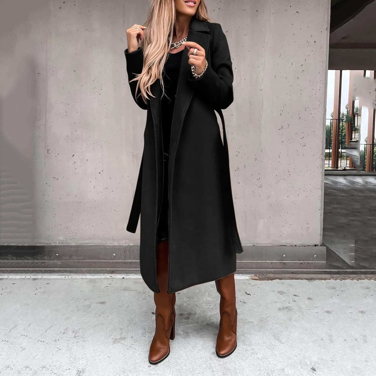 QWENTMTNTY Women's Wool Trench Coats Long Classic Winter Lapel Collar Belted Pea Coats Fashion Loose Wool Peacoat Jackets