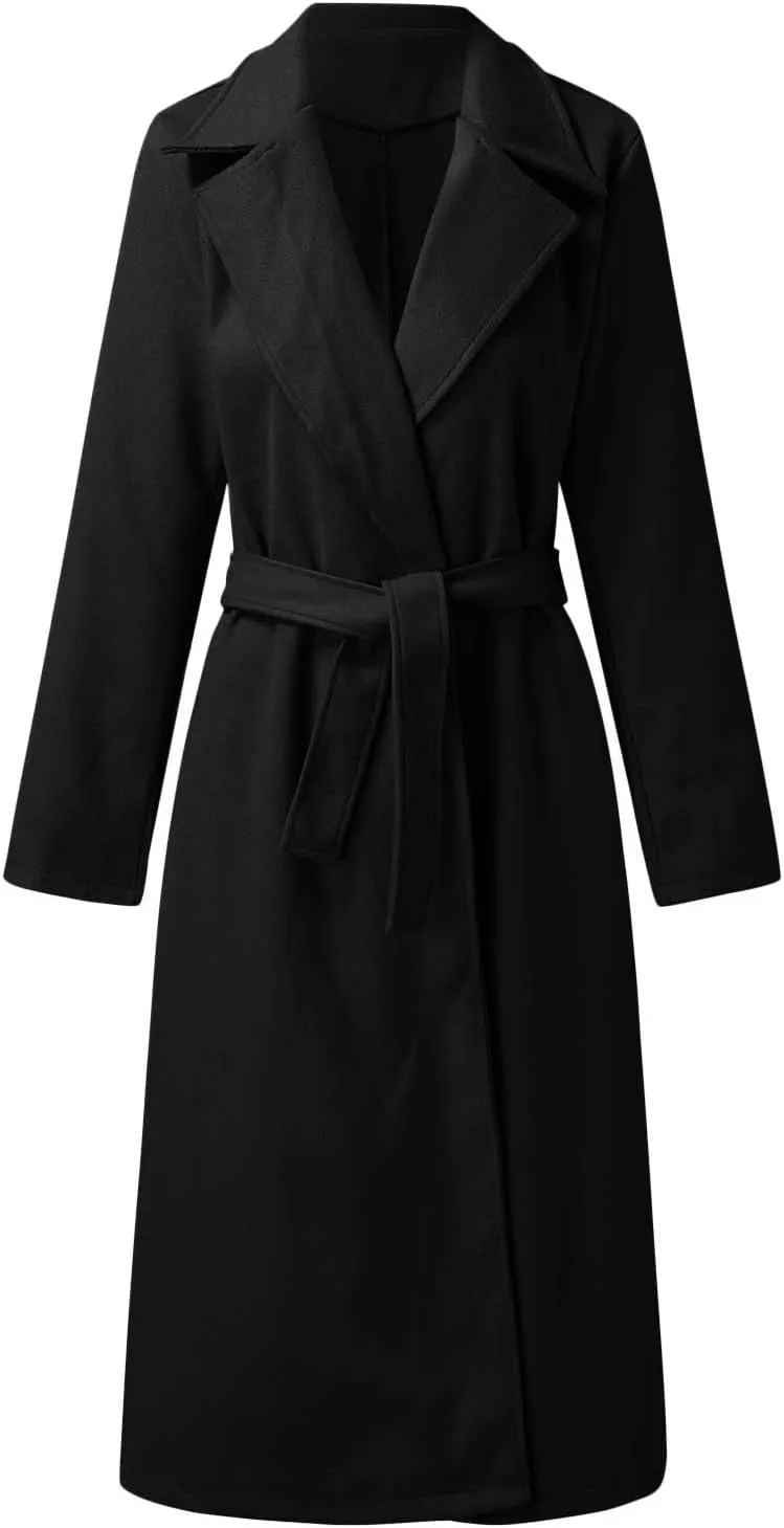QWENTMTNTY Women's Wool Trench Coats Long Classic Winter Lapel Collar Belted Pea Coats Fashion Loose Wool Peacoat Jackets