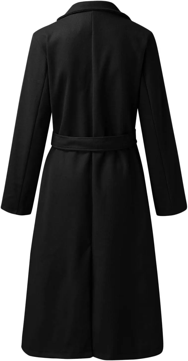 QWENTMTNTY Women's Wool Trench Coats Long Classic Winter Lapel Collar Belted Pea Coats Fashion Loose Wool Peacoat Jackets