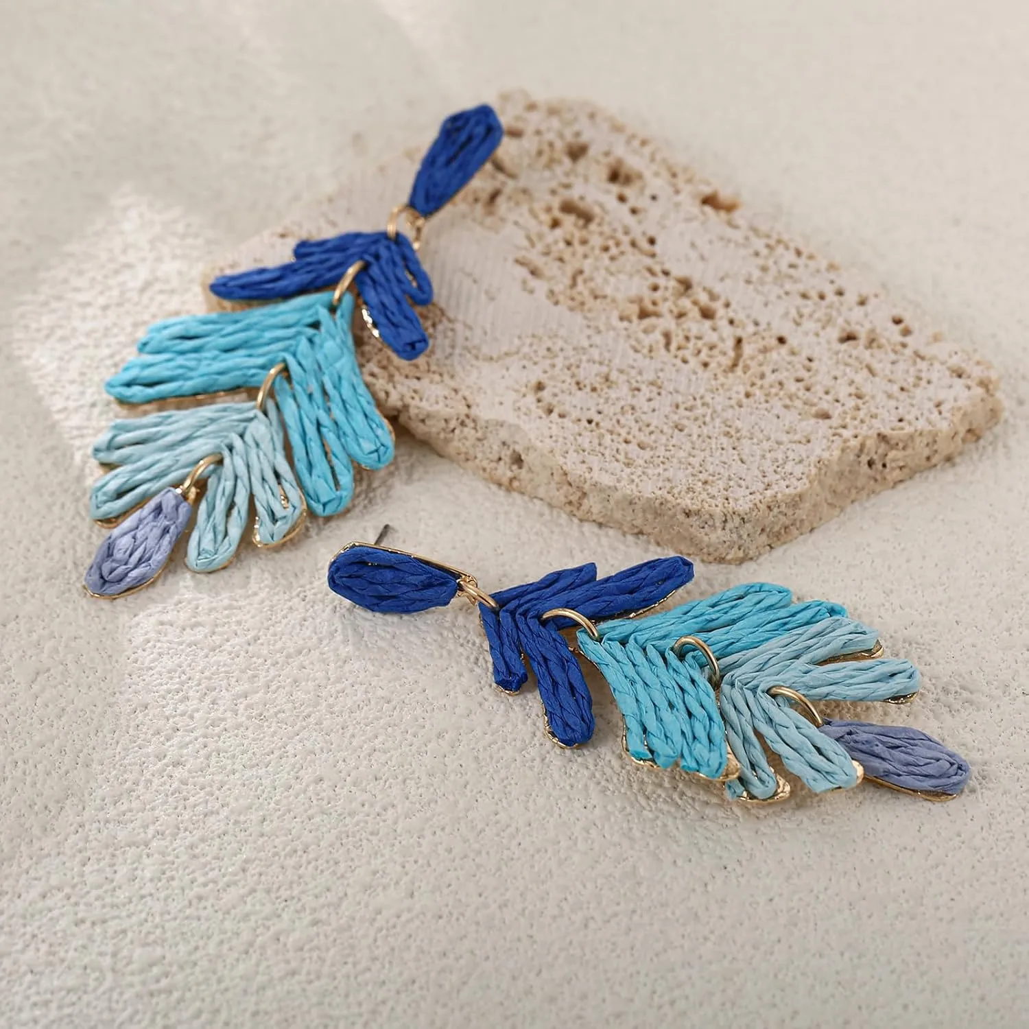 Raffia Long Palm Leaf Earrings, Colorful Handmade Rattan Leaf Drop Dangle Earrings Summer Tropical Beach Jewelry