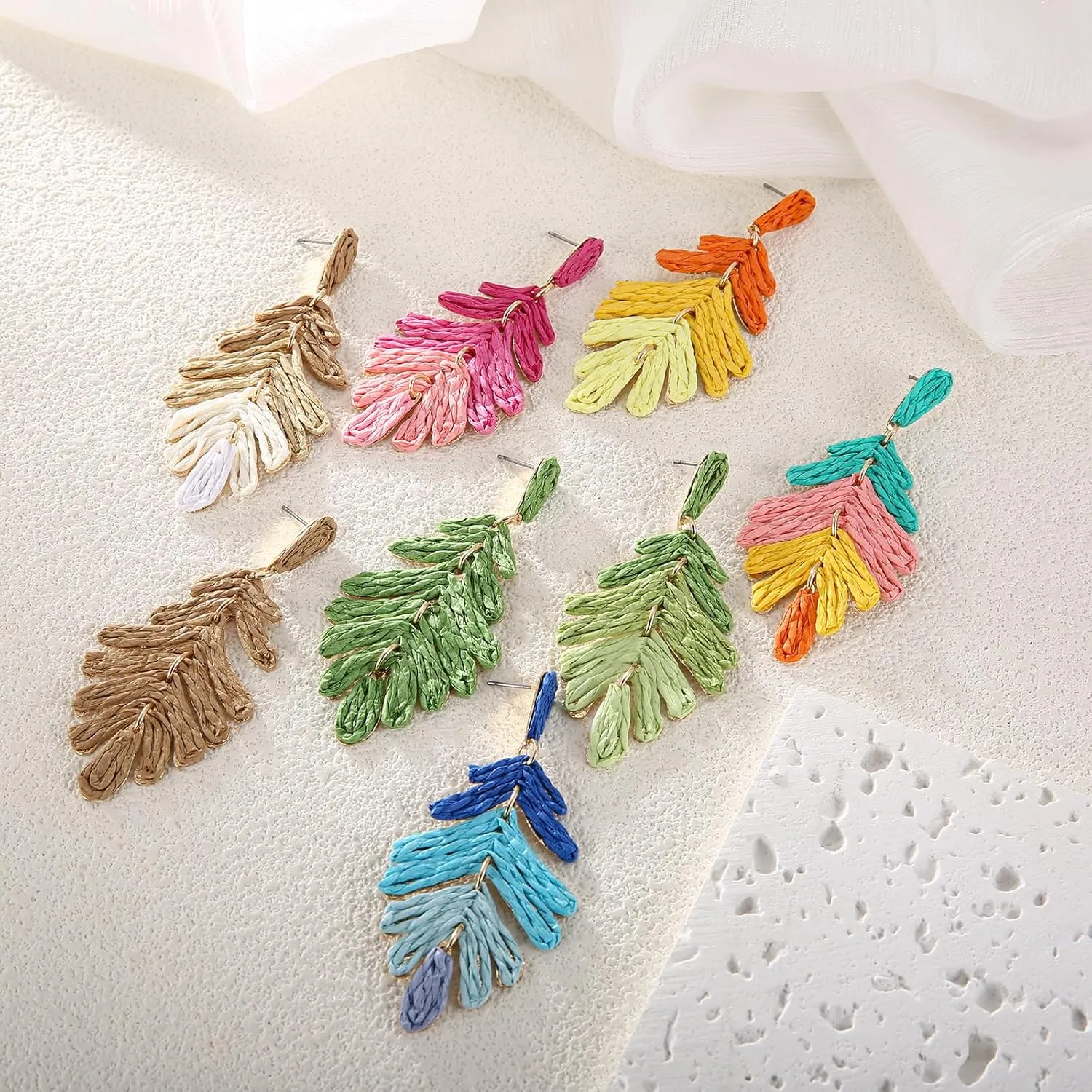 Raffia Long Palm Leaf Earrings, Colorful Handmade Rattan Leaf Drop Dangle Earrings Summer Tropical Beach Jewelry