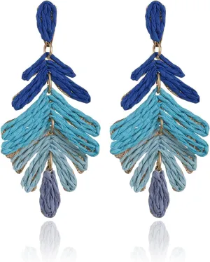 Raffia Long Palm Leaf Earrings, Colorful Handmade Rattan Leaf Drop Dangle Earrings Summer Tropical Beach Jewelry