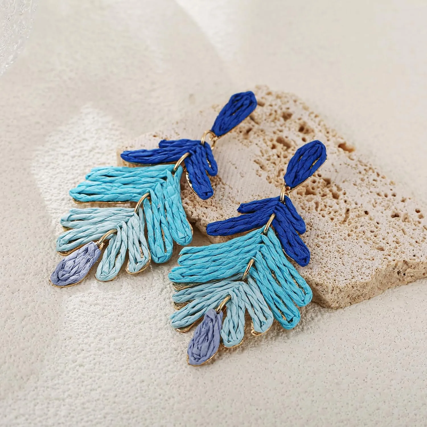 Raffia Long Palm Leaf Earrings, Colorful Handmade Rattan Leaf Drop Dangle Earrings Summer Tropical Beach Jewelry