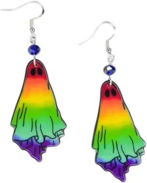 Rainbow Ghost Halloween Dangle Earrings with Blue Crystal Beads, Colorful Spooky Costume Jewelry