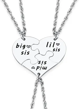 Ralukiia 3PCs Big Sis Mid Sis Lil Sis Heart Puzzle Piece Necklace Set, Sisters Gifts from Sister Birthday Jewelry