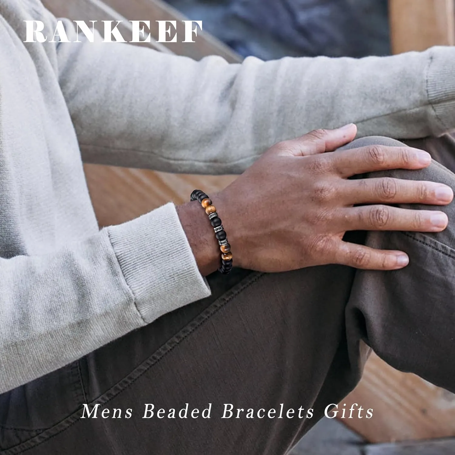RANKEEF Bracelet For Men Tiger Eye Beads Bracelet Mens Beaded Bracelets To My Son/Men/Dad/Husband/stretchable Confirmation Gifts, For Birthday With Card Gifts