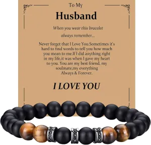 RANKEEF Bracelet For Men Tiger Eye Beads Bracelet Mens Beaded Bracelets To My Son/Men/Dad/Husband/stretchable Confirmation Gifts, For Birthday With Card Gifts