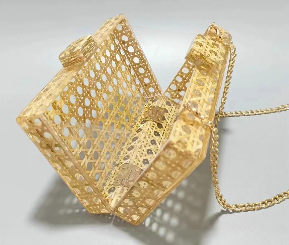 Rattan Woven Clutch Purse Acrylic Evening Bag Straw Beach Bag Hobo Bags Square Handmade Crossbody Shoulder Purse With Chain