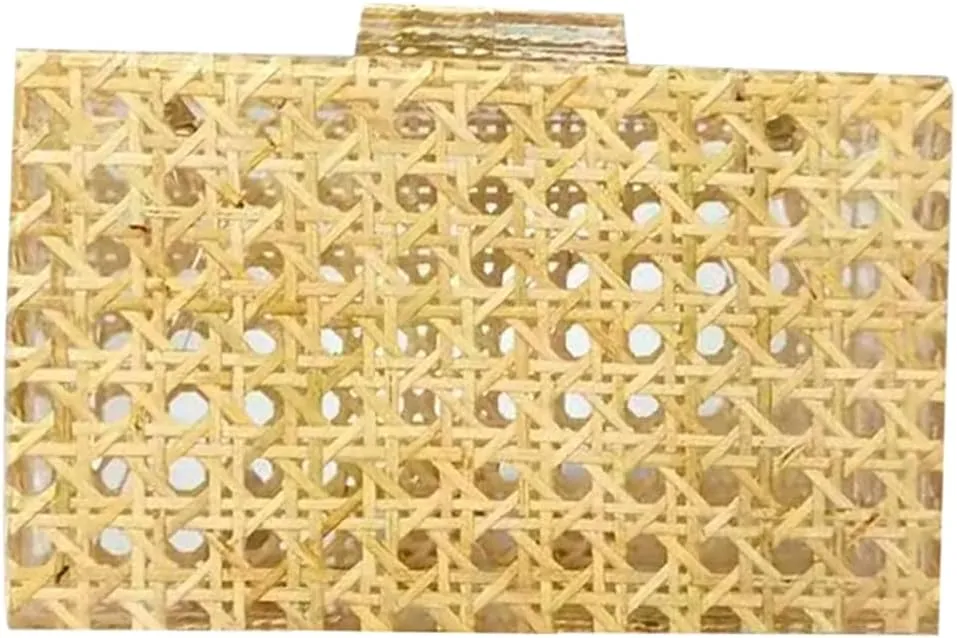Rattan Woven Clutch Purse Acrylic Evening Bag Straw Beach Bag Hobo Bags Square Handmade Crossbody Shoulder Purse With Chain