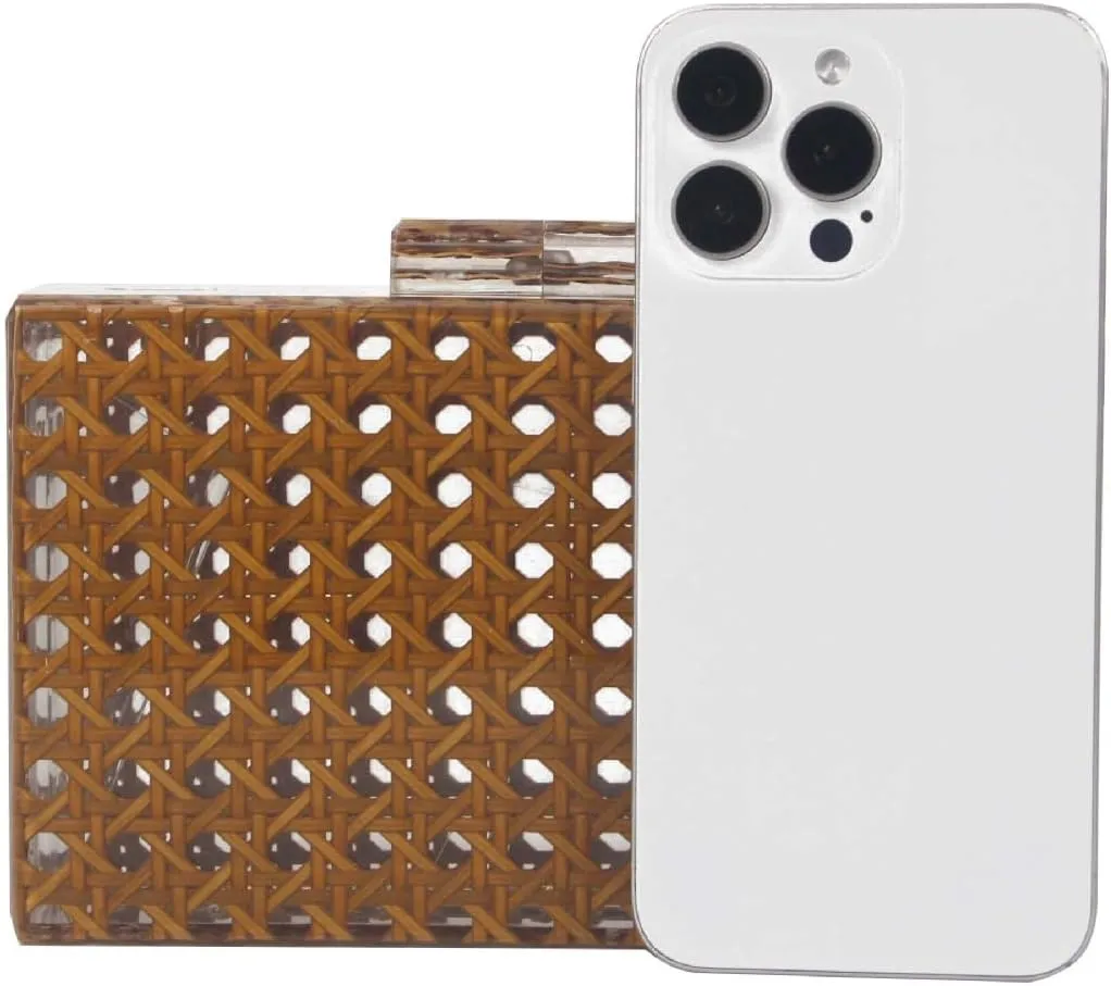 Rattan Woven Clutch Purse Acrylic Evening Bag Straw Beach Bag Hobo Bags Square Handmade Crossbody Shoulder Purse With Chain