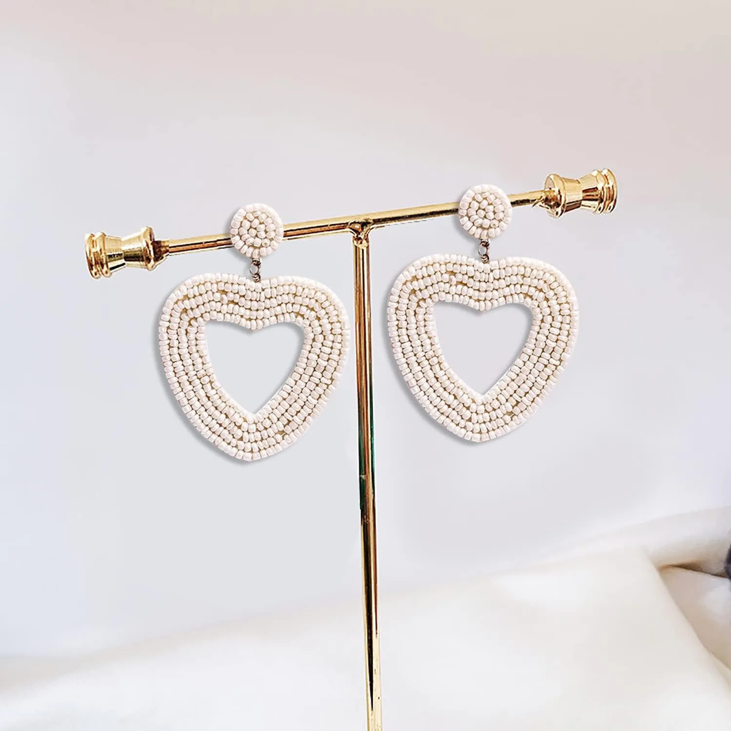 Red Beaded Drop Earrings for Women Seed Bead Heart Dangle Handmade Beaded Earring Studs for Females