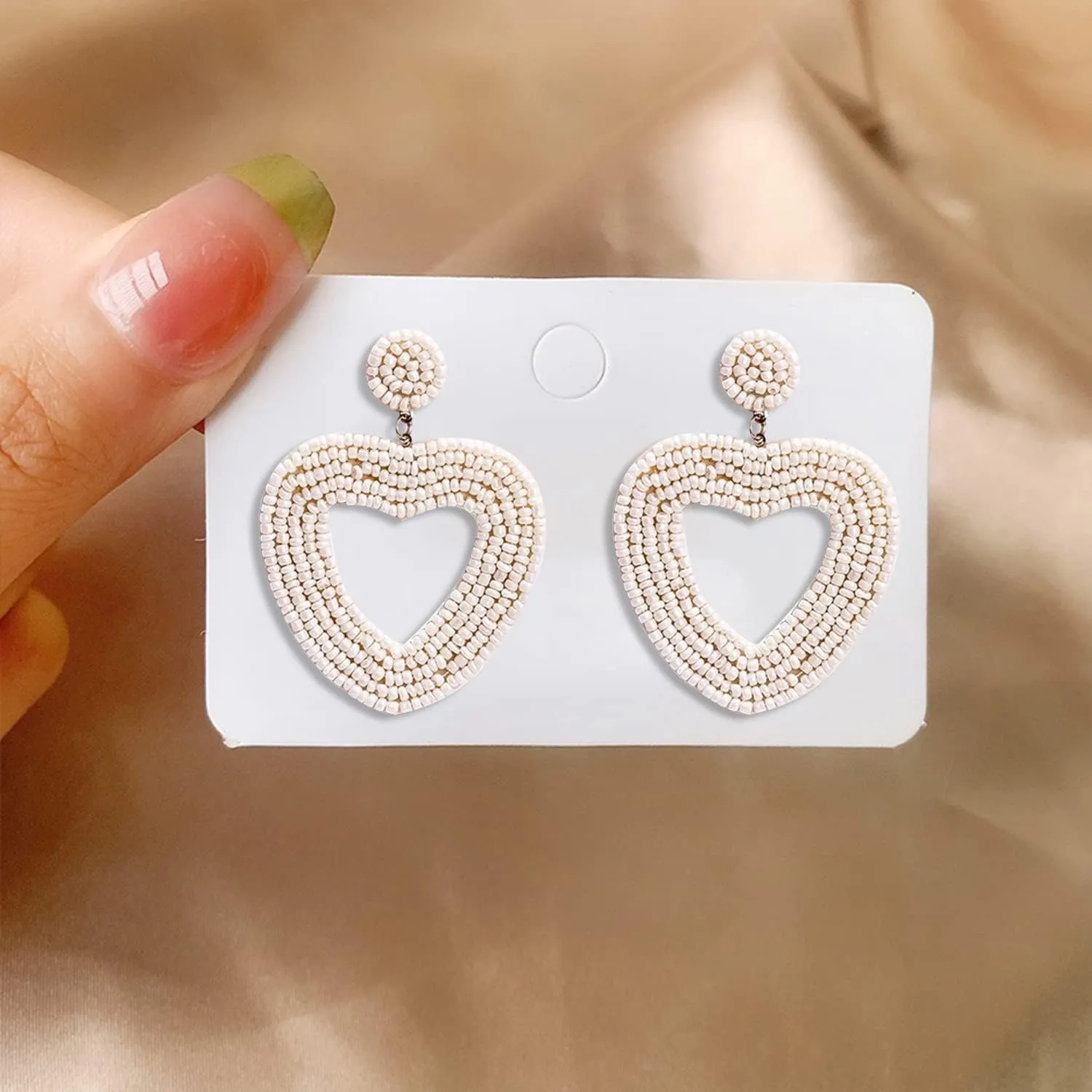 Red Beaded Drop Earrings for Women Seed Bead Heart Dangle Handmade Beaded Earring Studs for Females