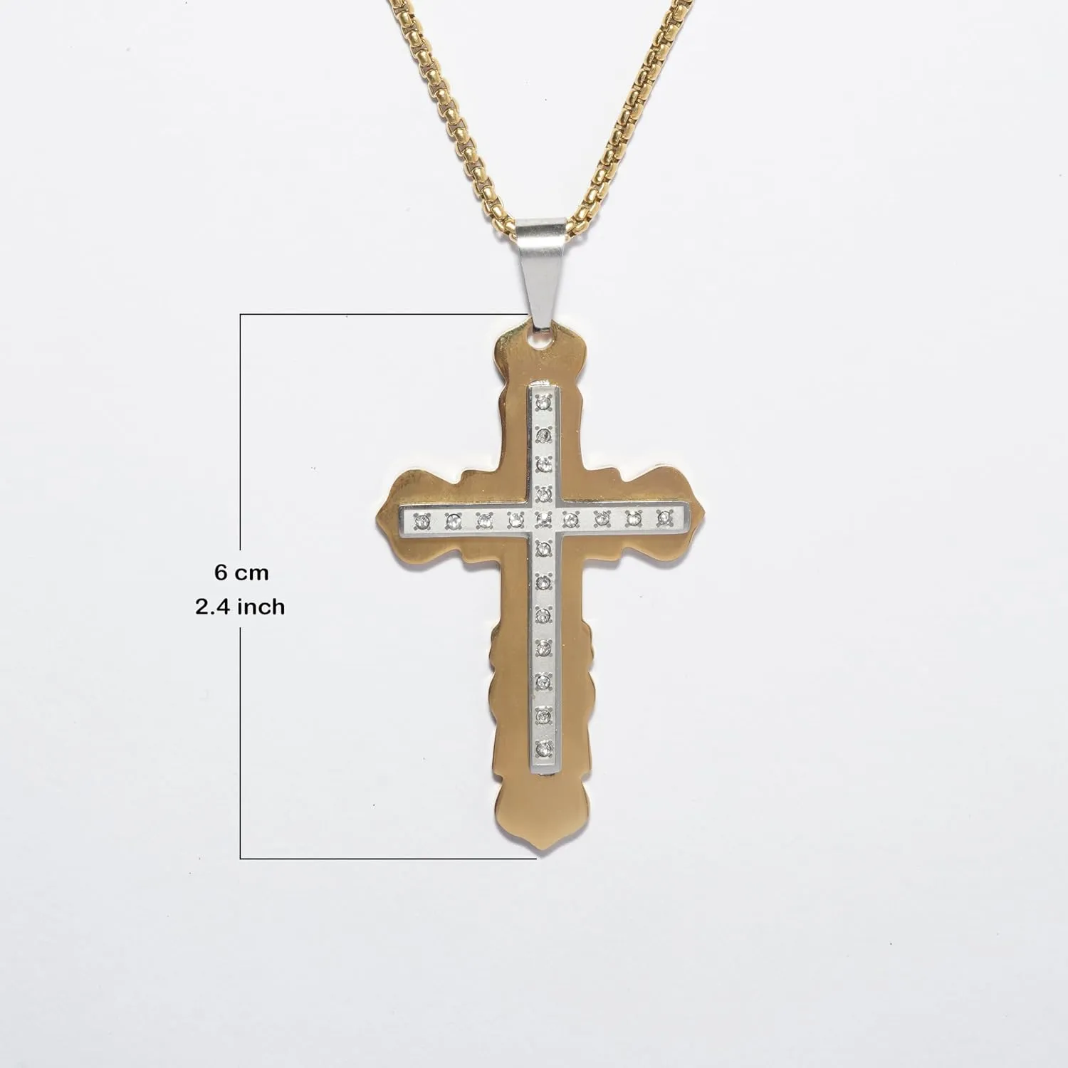 Regal & Refined Men Cross Crucifix 18K Gold Plated Stainless Steel Religious Pendant Jesus Necklace with Gold Plated 24 Inch Stainless Steel Chain