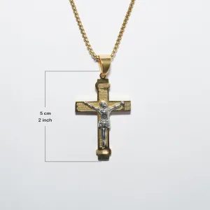 Regal & Refined Men Crucifix Cross 18K Gold Plated Stainless Steel Religious Pendant Jesus Necklace with Gold Plated 24 Inch Stainless Steel Chain