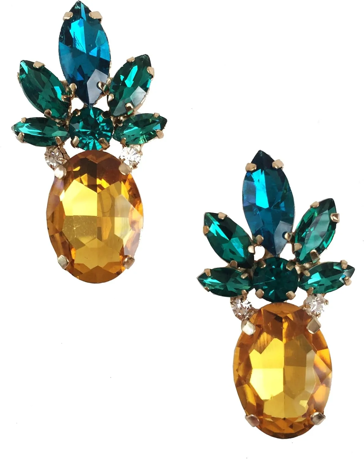 Retro Antique Vintage Style Amber Yellow Pineapple Rhinestone Cluster Earrings