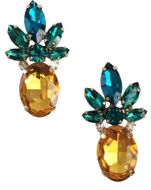 Retro Antique Vintage Style Amber Yellow Pineapple Rhinestone Cluster Earrings