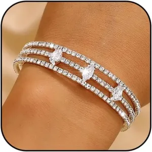 Rhinestone Bangle Bracelets Crystal Layered Cuff Bracelet Sparkle Tennis Stretch Bangles for Women