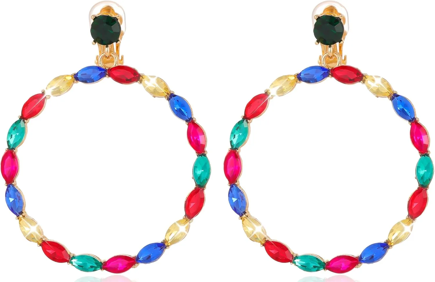 Rhinestone Big Hoop Clip on Dangle Earrings for Women Clip on earrings for Women Non Pierced Gold Plated Everyday Jewelry Earrings