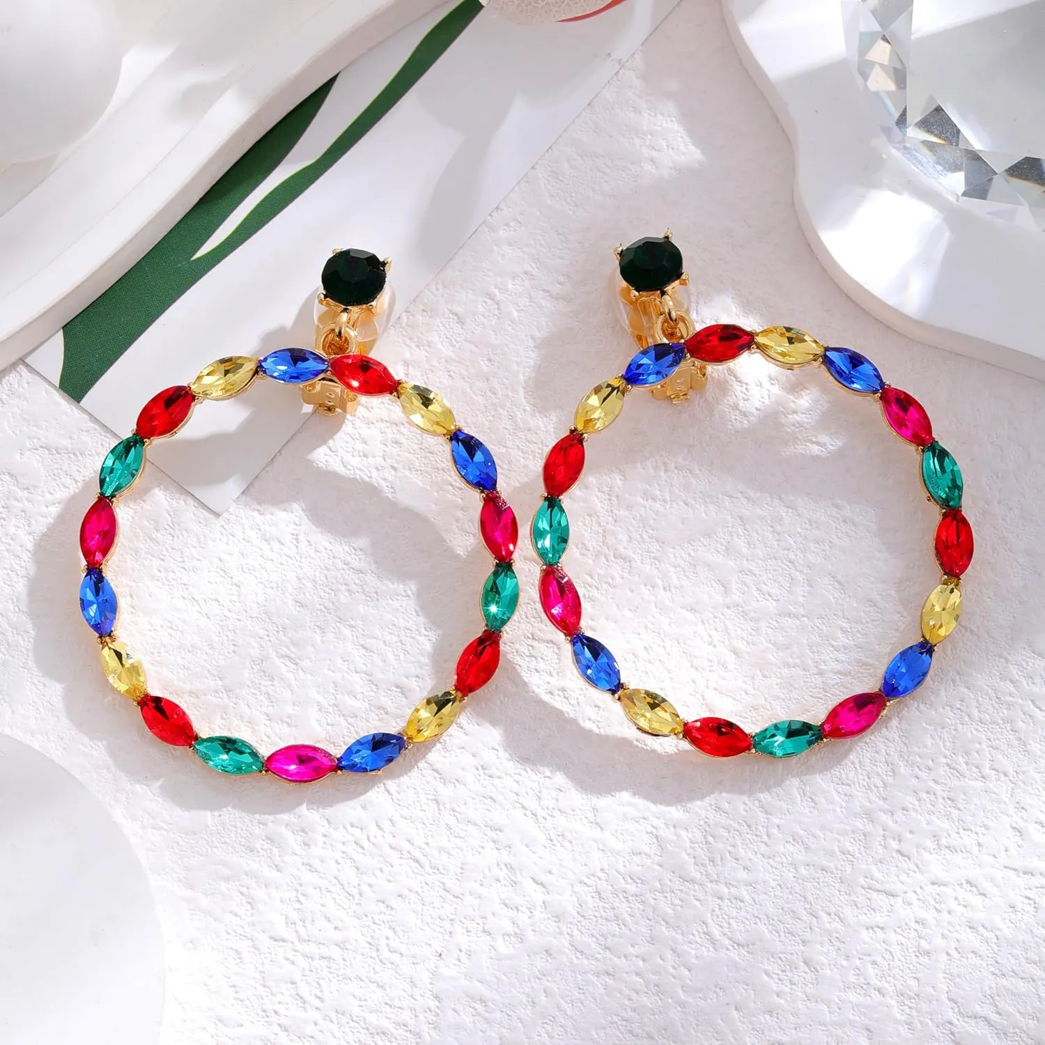 Rhinestone Big Hoop Clip on Dangle Earrings for Women Clip on earrings for Women Non Pierced Gold Plated Everyday Jewelry Earrings