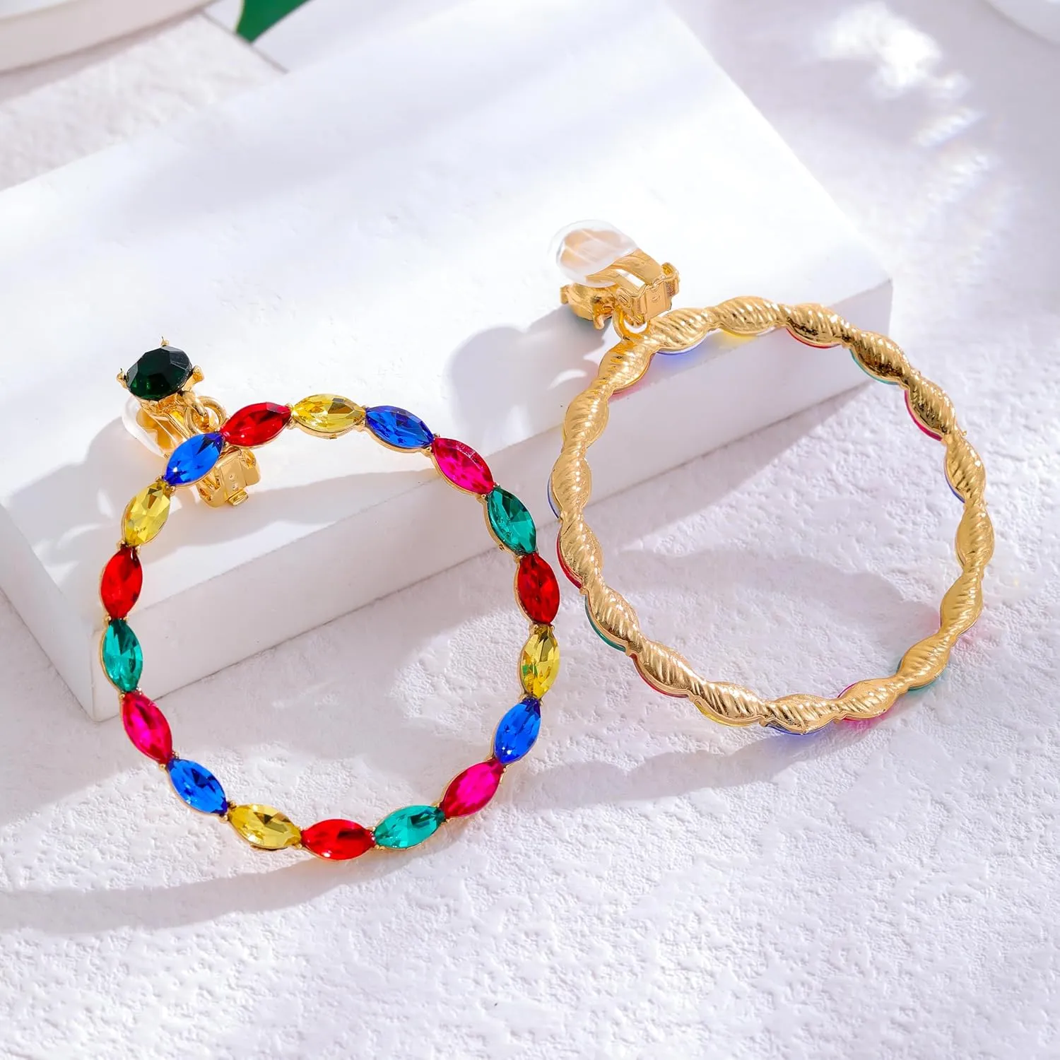 Rhinestone Big Hoop Clip on Dangle Earrings for Women Clip on earrings for Women Non Pierced Gold Plated Everyday Jewelry Earrings