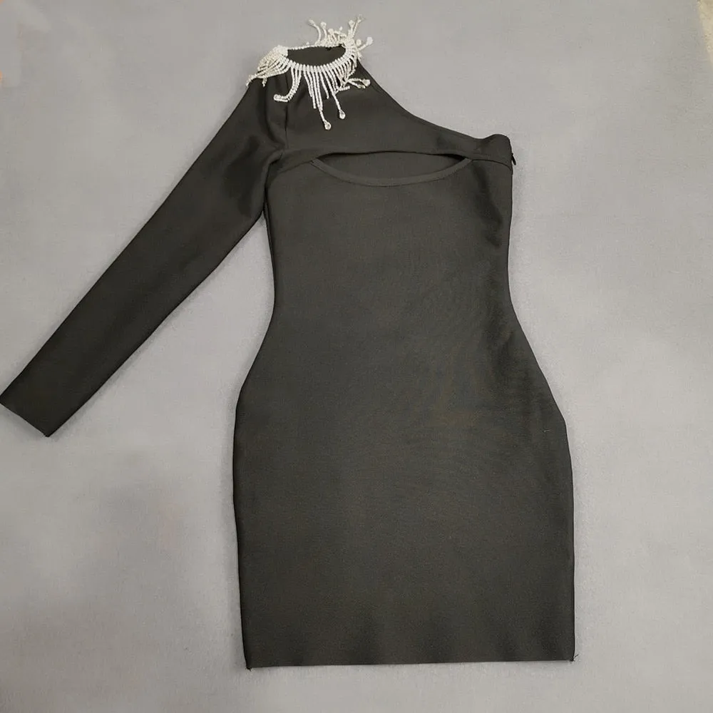 Rhinestone Tassel Irregular Single Sleeved Bandage Dress