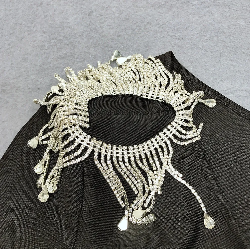 Rhinestone Tassel Irregular Single Sleeved Bandage Dress