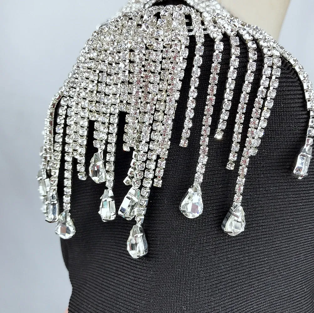 Rhinestone Tassel Irregular Single Sleeved Bandage Dress