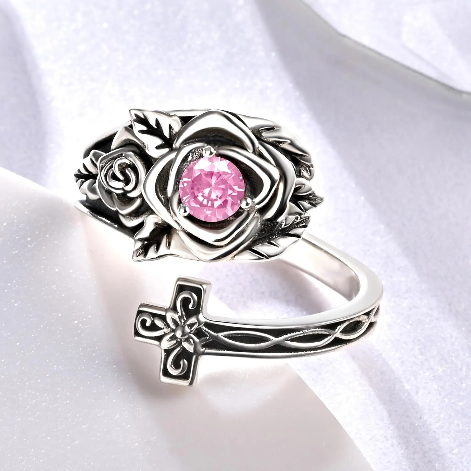 Rose Birthstone Spoon Rings - Sterling Silver Cross Rings Antique Victorian Rings Gift