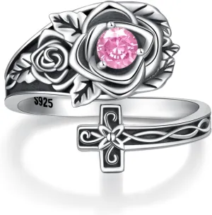 Rose Birthstone Spoon Rings - Sterling Silver Cross Rings Antique Victorian Rings Gift