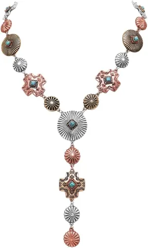 Rosemarie & Jubalee Women's Stunning Tri Toned Western Conchos With Semi Precious Turquoise Howlite Stone Y-Drop Collar Necklace, 17" 3" Extender