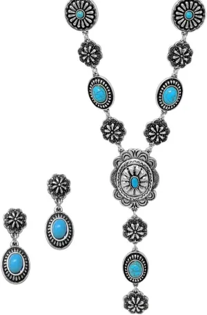 Rosemarie & Jubalee Women's Stunning Vintage Western Style Conchos And Semi Precious Howlite Stone Y-Drop Necklace Earring Gift Set, 22" 3" Extender