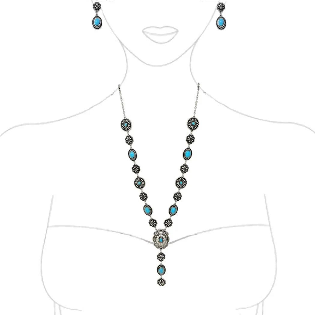 Rosemarie & Jubalee Women's Stunning Vintage Western Style Conchos And Semi Precious Howlite Stone Y-Drop Necklace Earring Gift Set, 22" 3" Extender