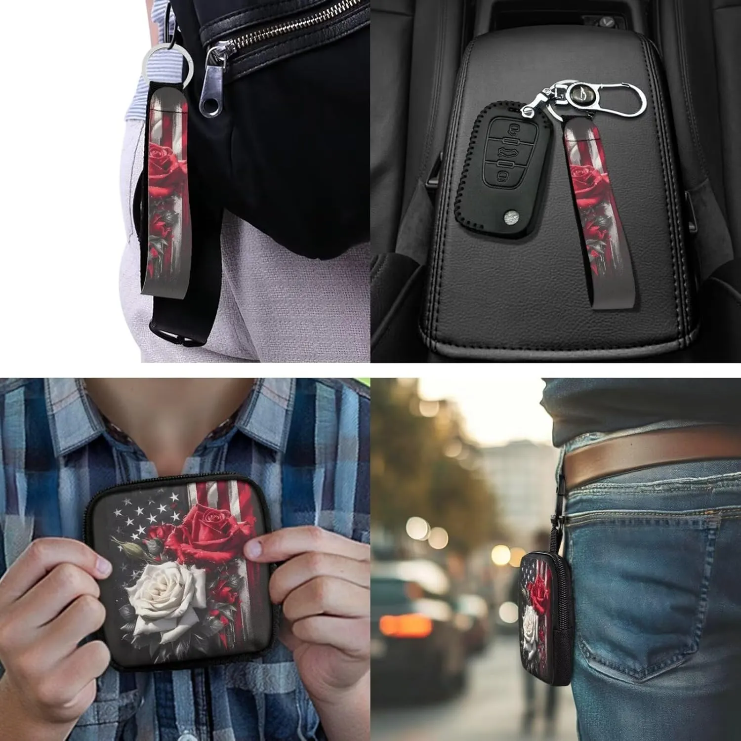Roses American Flag Keychain Wristlet Wallet 4TH Of July Independence Day Mini Zip Coin Around Clutch Purse for Women, Patriotic Card Pouch Small Wallets