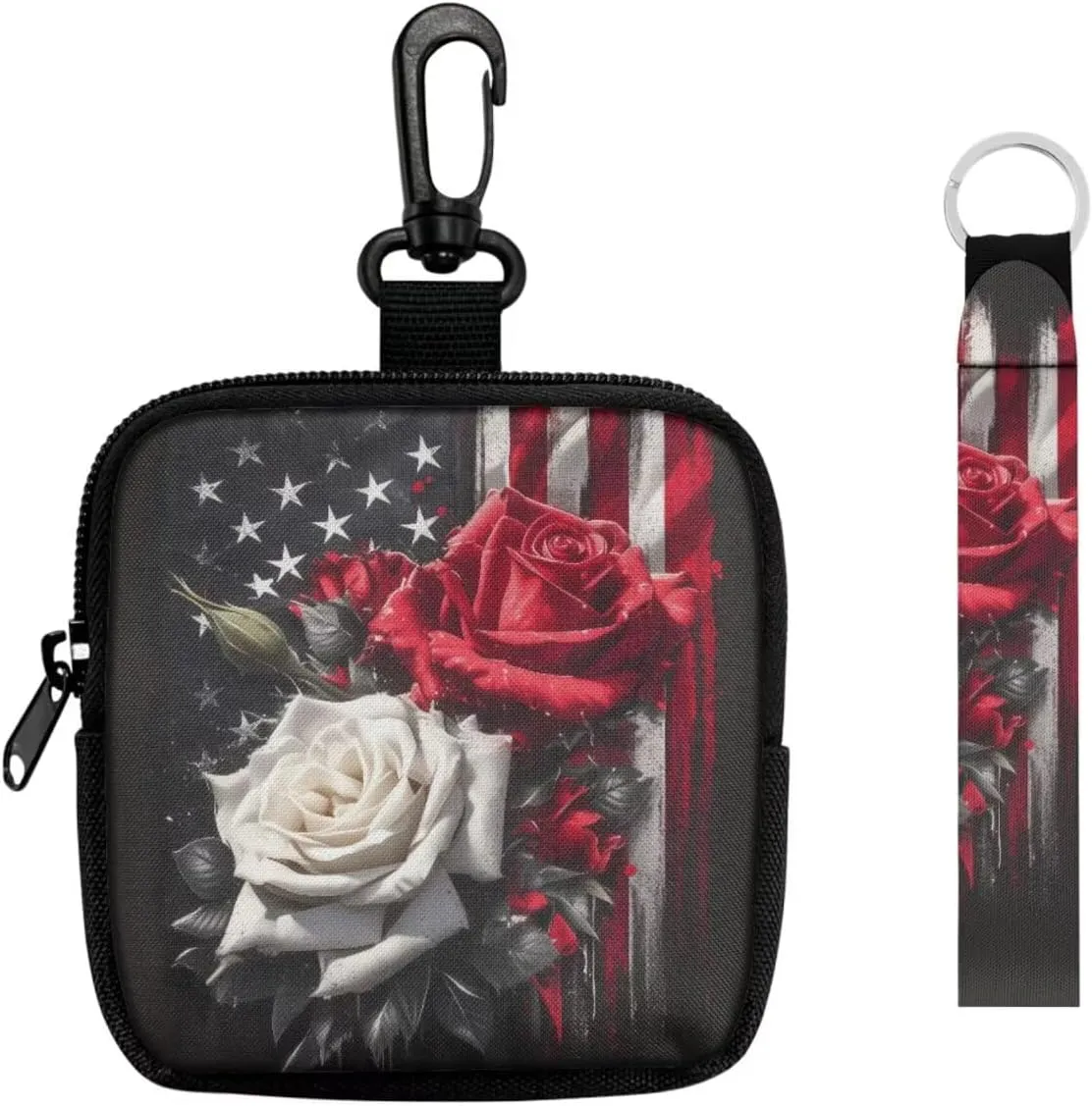 Roses American Flag Keychain Wristlet Wallet 4TH Of July Independence Day Mini Zip Coin Around Clutch Purse for Women, Patriotic Card Pouch Small Wallets