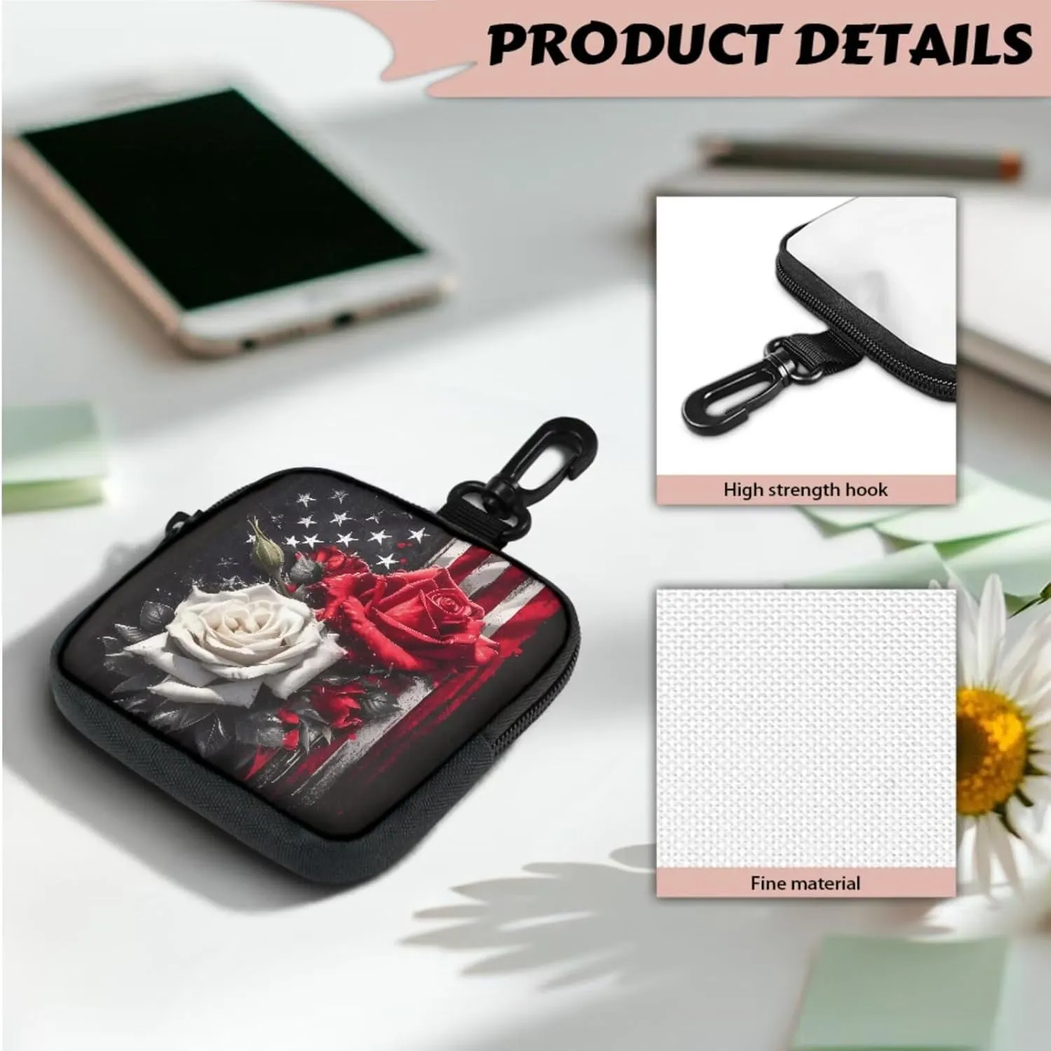 Roses American Flag Keychain Wristlet Wallet 4TH Of July Independence Day Mini Zip Coin Around Clutch Purse for Women, Patriotic Card Pouch Small Wallets