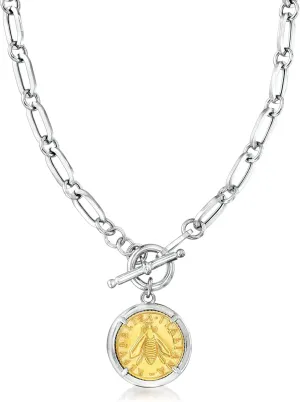 Ross-Simons Italian Sterling Silver and 18kt Gold Over Sterling Replica Bumblebee Lira Coin Paper Clip Link Toggle Necklace