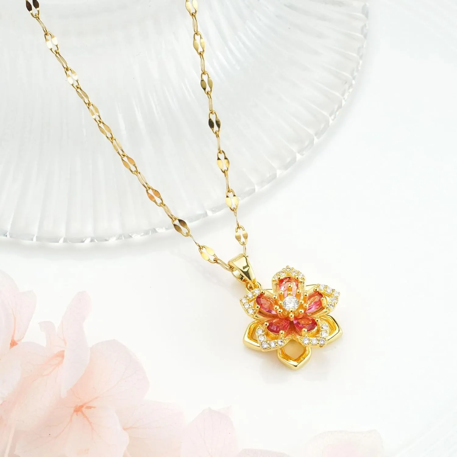 Rotatable Crystal Flower Pendant Necklace for Women Rhinestone Charm Pendant Floral Design Link Chain Necklaces Trendy Exquisite Matching Jewelry