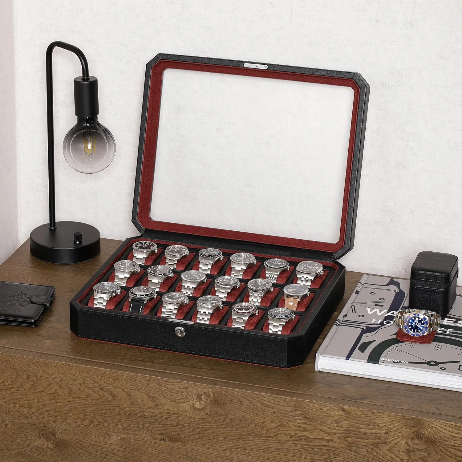 ROTHWELL 18-Slot Watch Case  Luxury Watch Box for Men, Real Glass Top, Lockable, Elegant Display for Collections (Black/Red)