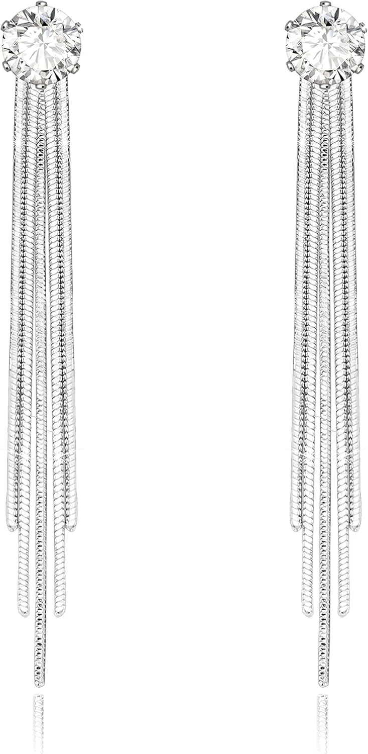 S925 Silver Alloy Sleek Chain Tassel Drop Earrings Long Crystal Fringe Dangle Simple Dainty Earrings Tassel Earrings
