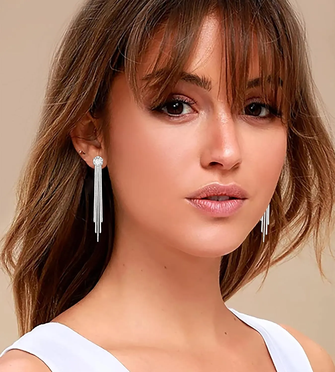 S925 Silver Alloy Sleek Chain Tassel Drop Earrings Long Crystal Fringe Dangle Simple Dainty Earrings Tassel Earrings