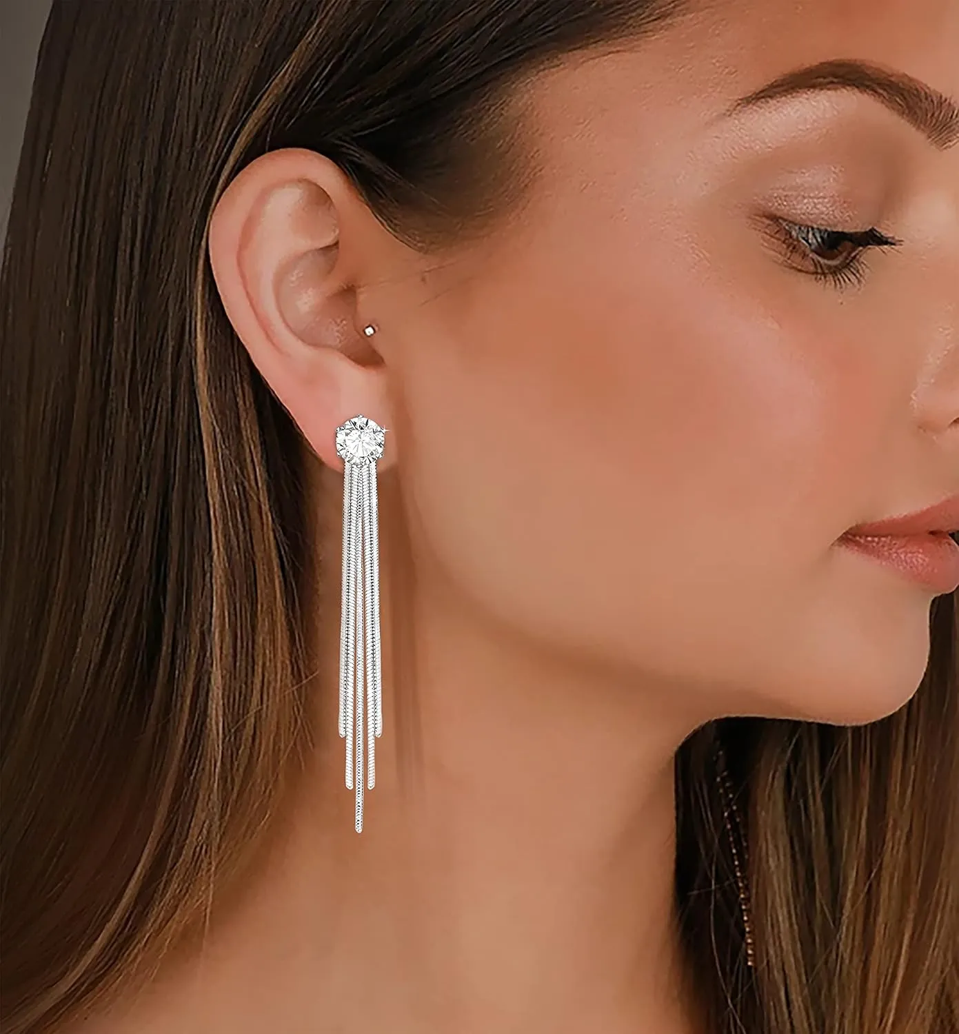 S925 Silver Alloy Sleek Chain Tassel Drop Earrings Long Crystal Fringe Dangle Simple Dainty Earrings Tassel Earrings