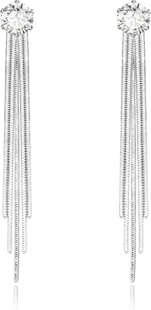 S925 Silver Alloy Sleek Chain Tassel Drop Earrings Long Crystal Fringe Dangle Simple Dainty Earrings Tassel Earrings