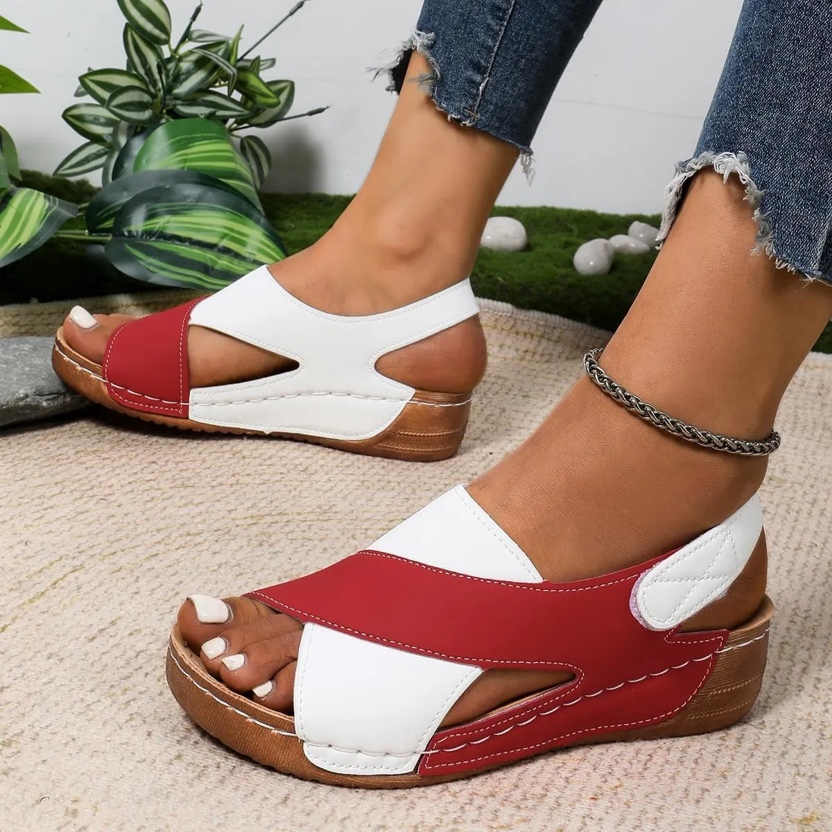 SACFOF Womens Orthopedic Sandals Summer Color Block Arch Support Shoes Casual Ankle Strap Slingback Comfortable Dress Shoes