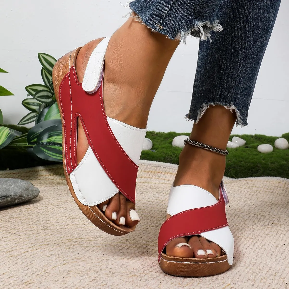 SACFOF Womens Orthopedic Sandals Summer Color Block Arch Support Shoes Casual Ankle Strap Slingback Comfortable Dress Shoes