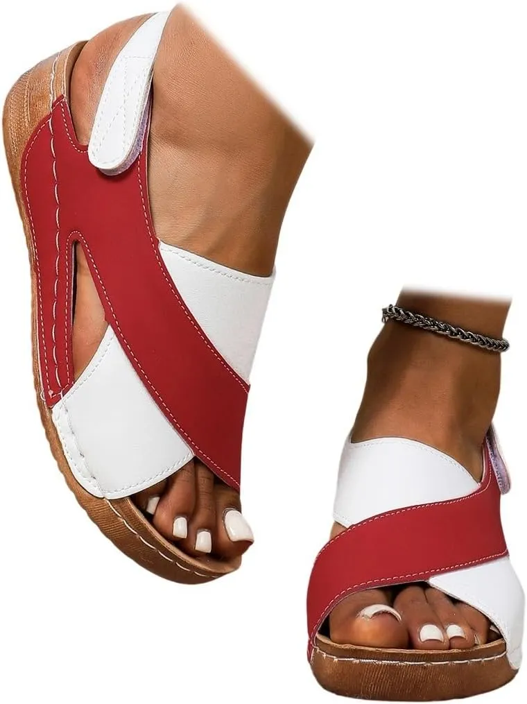 SACFOF Womens Orthopedic Sandals Summer Color Block Arch Support Shoes Casual Ankle Strap Slingback Comfortable Dress Shoes