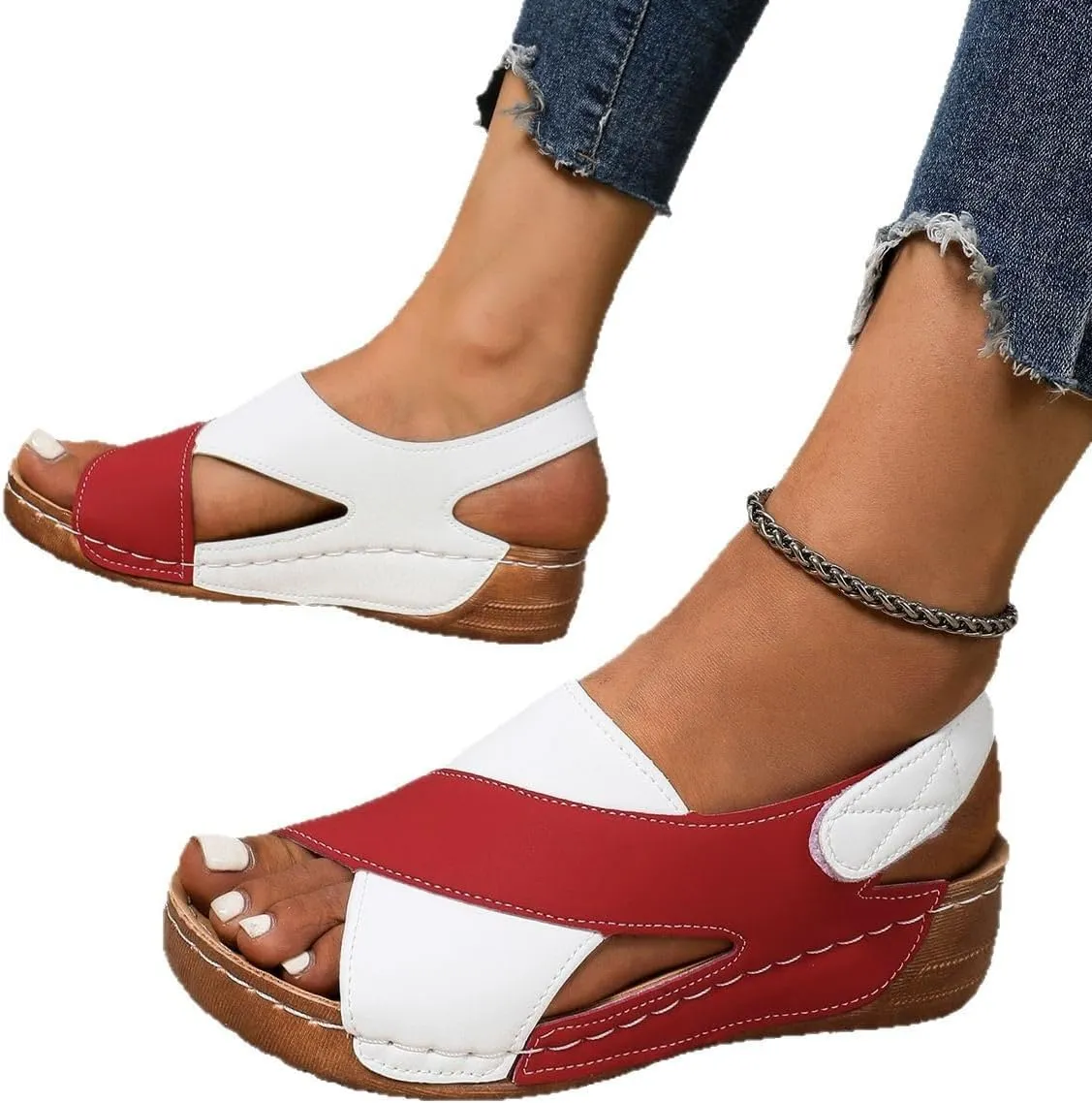 SACFOF Womens Orthopedic Sandals Summer Color Block Arch Support Shoes Casual Ankle Strap Slingback Comfortable Dress Shoes
